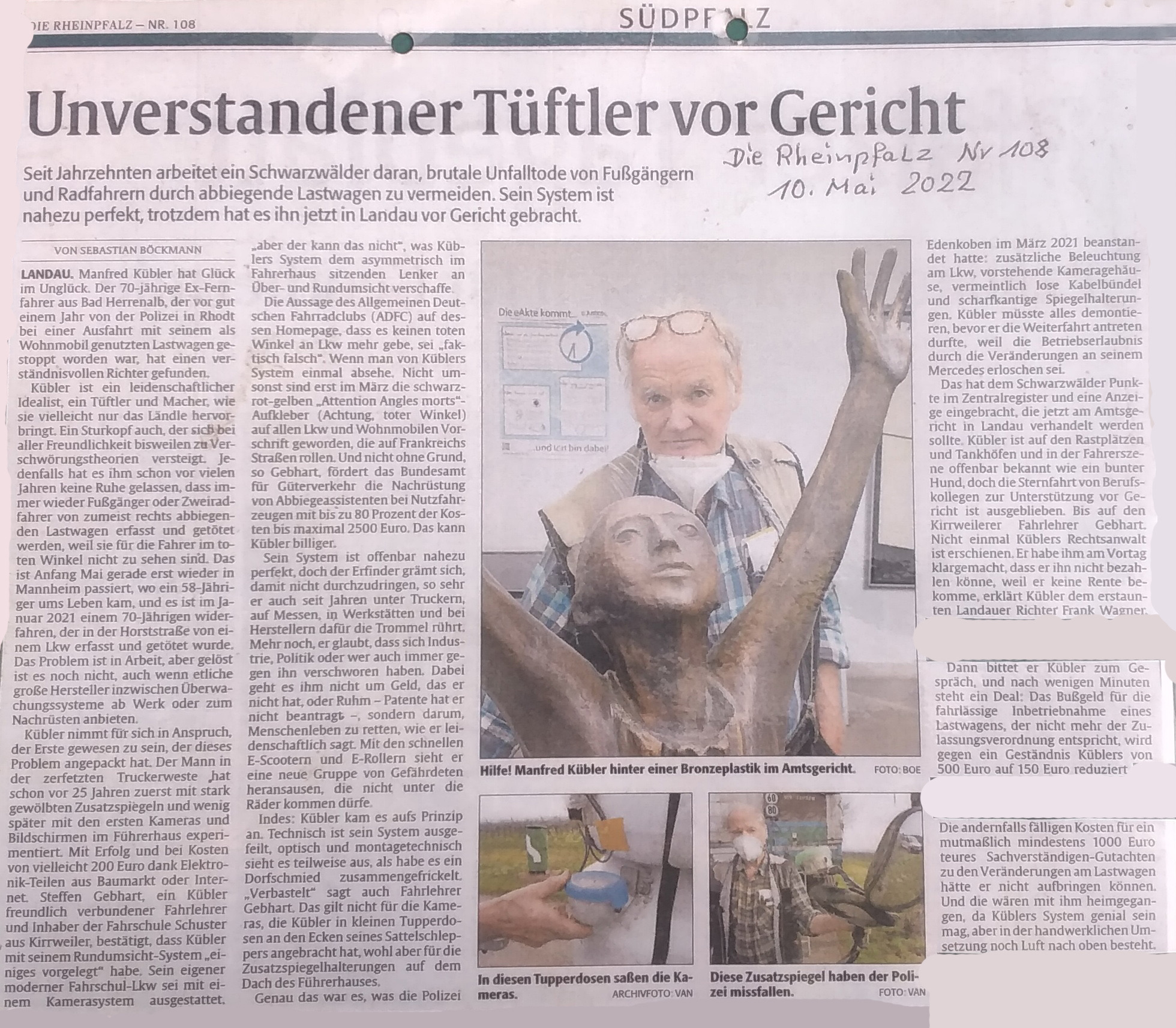 Zeitungsartikel Die Rheinpfalz Nr. 108 vom 10. Mai 2022: Unverstandener T&uuml;ftler vor Gericht