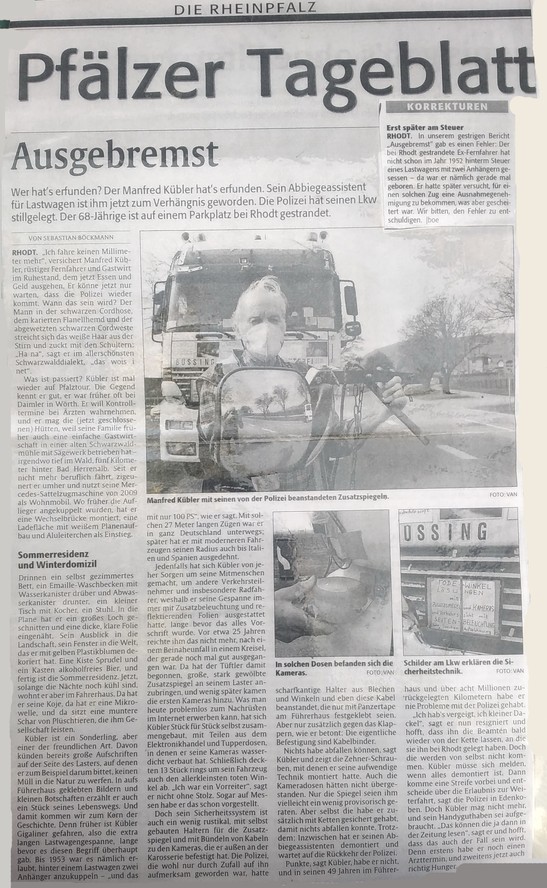 Zeitungsartikel Pf&auml;lzer Tageblatt: Ausgebremst
