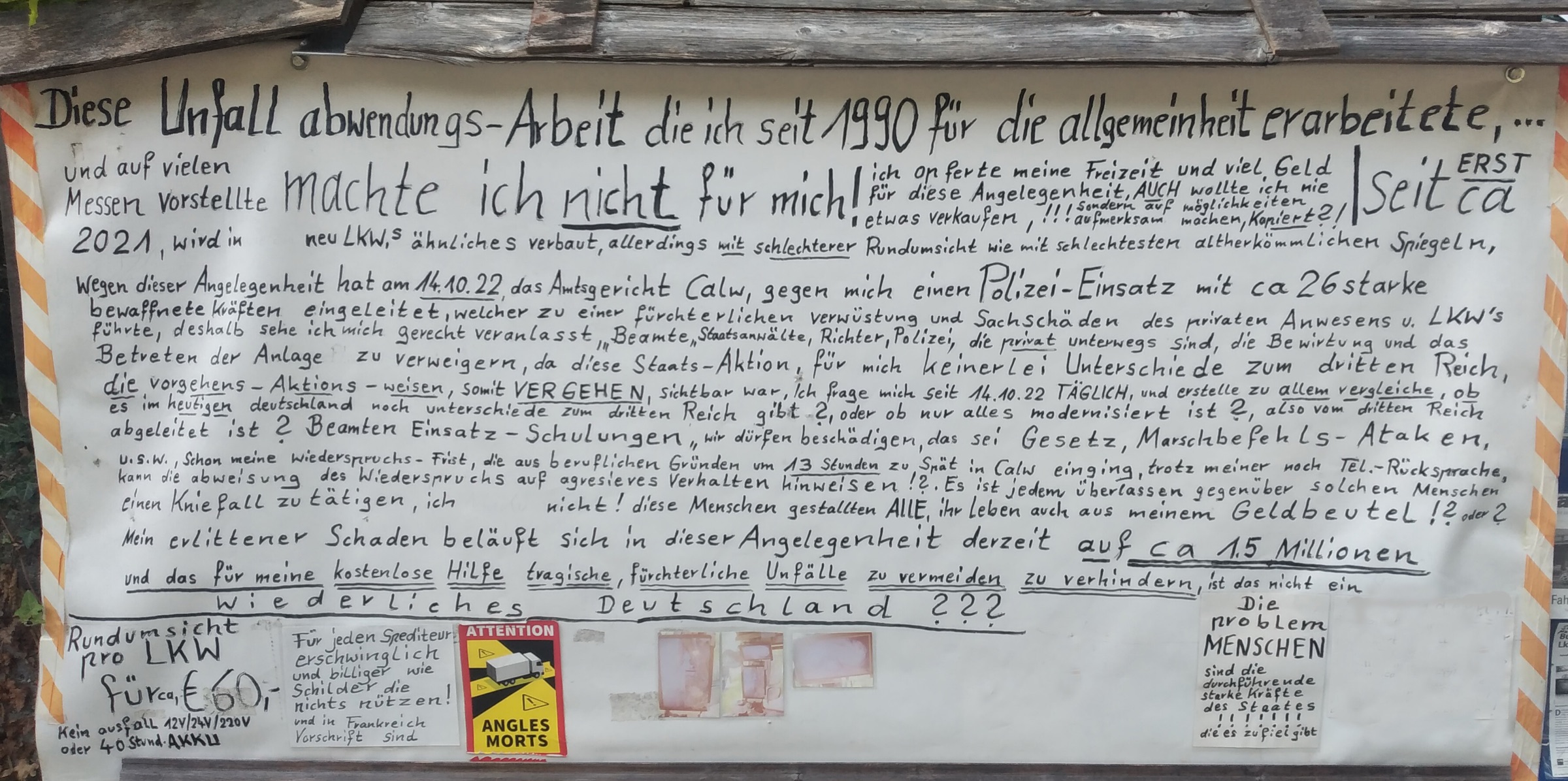 Handgeschriebenes Plakat zur Unfallabwendungsarbeit seit 1990